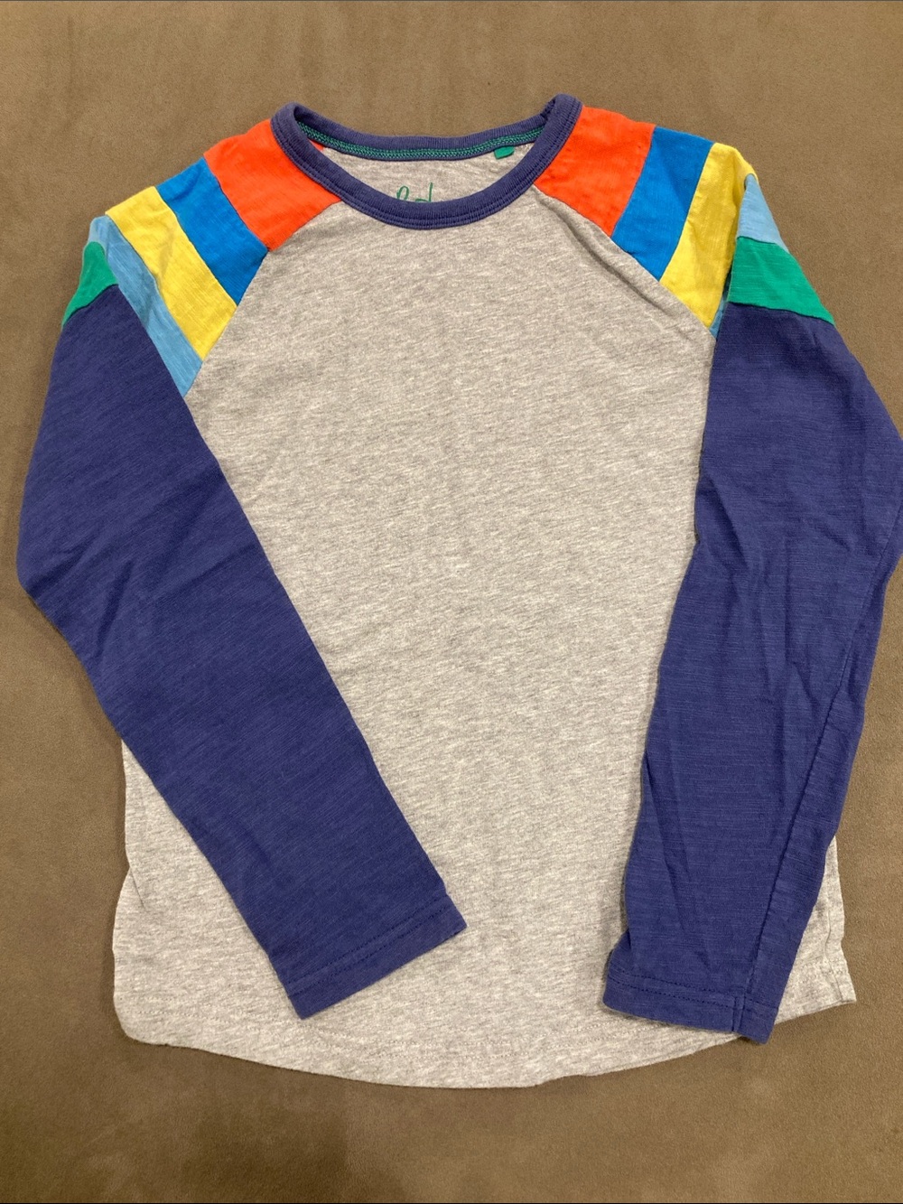 Boden Gray Raglan Long Sleeve Tee with Multicolor Shoulder Stripes
